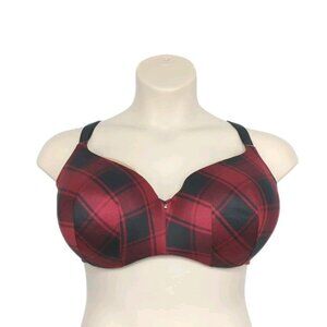 Lane Bryant Cacique Bra 44DDD Backsmoother Lined Balconette Red Black Plaid